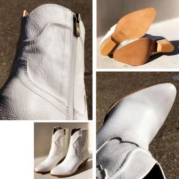 NEW Distressed Pointy Toe Stack Block Heel Western Ankle Booties Boots Off White - Picture 11 of 14